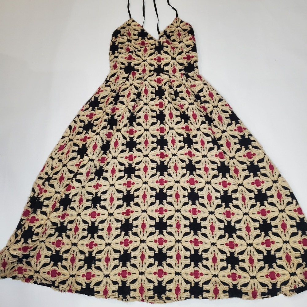 HM Black Tan Red Jacquard Midi Dress Silk Wool Blend Strappy V-Neck Size 6 - Picture 7 of 10